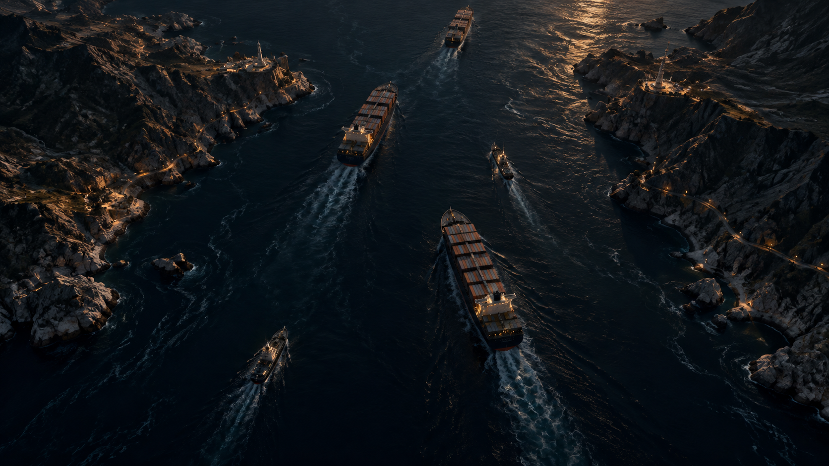 AI-generated editorial illustration of cargo ships in a strait